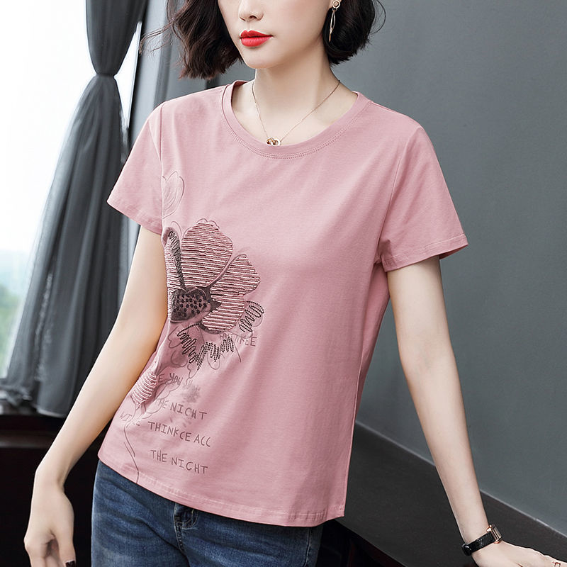 Summer Cotton T-shirt Short-sleeved T-shirt Women Korean Tops Loose Round Neck Printing T-shirt 2022