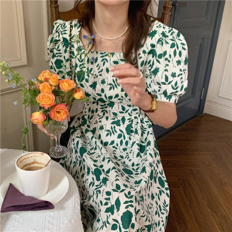 NICK dress for women Little Daisy Tea Break Skirt Floral Skirt Tie Waist Neck Square Neck Slim Puff Sleeve Mid-length Dress Women