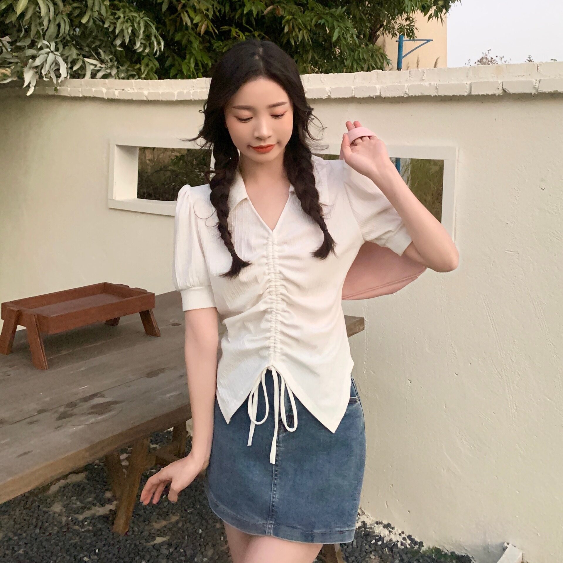 Áo Thun Cổ Bẻ Ngắn Tay Áo Thun Cổ Chữ V Ngắn Dây Rút Bất Đối Xứng Dáng Ôm Mùa Hè Cho Nữ