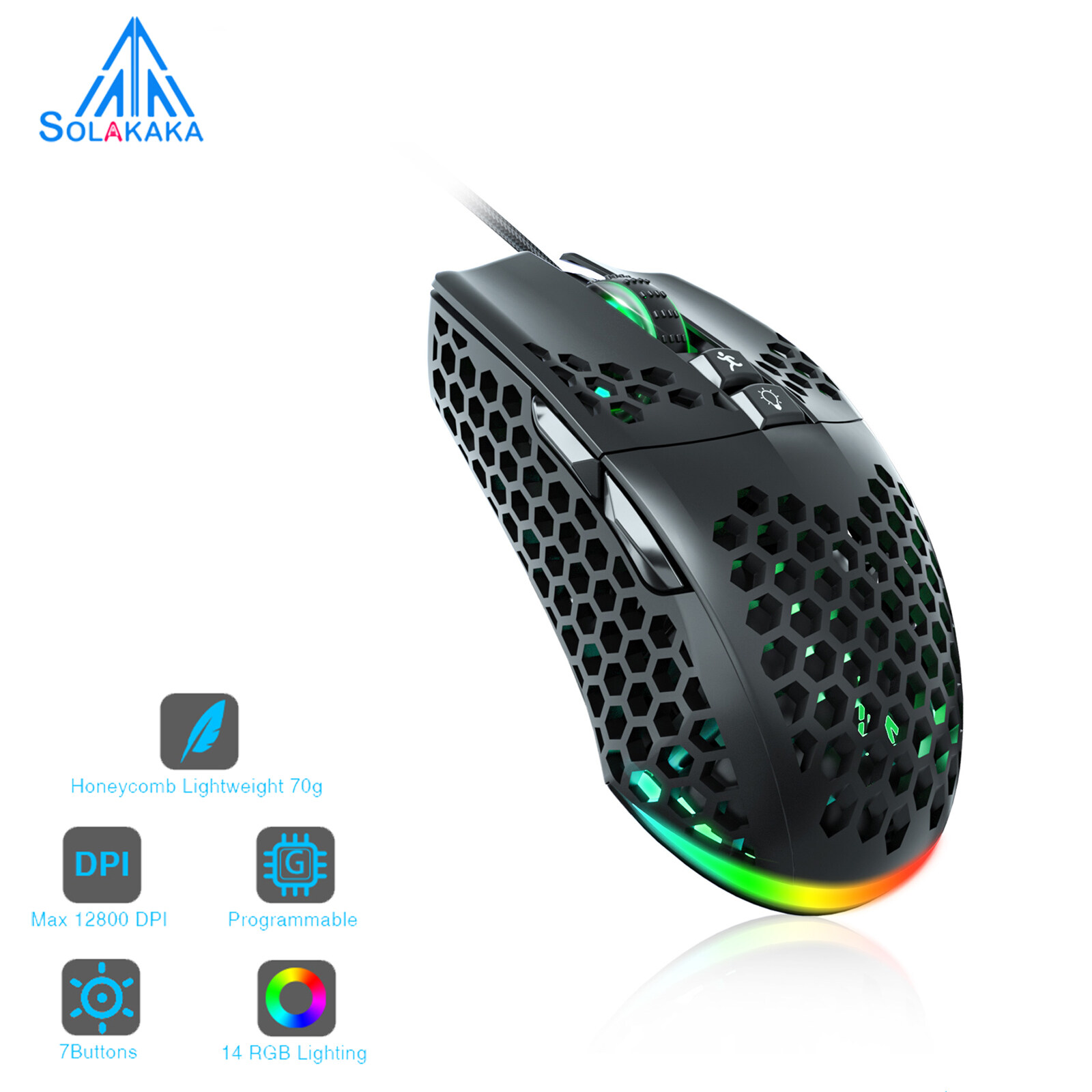 SOLAKAKA Wired Gaming Mouse 12800 DPI Macro Programming Game Mouse Weight 70g, Adjustable RGB Lighting Effect for PC/Laptop/MAC/Windows/Office work(SM900)