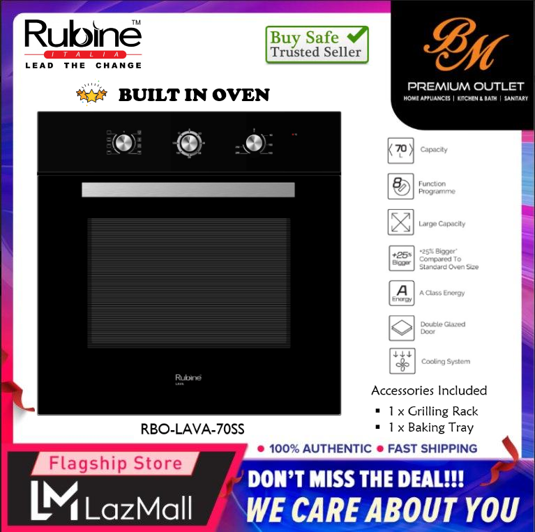 RUBINE [ RBOLAVA70SS ] BuiltIn Oven Full Glass 70L with 8 Cooking