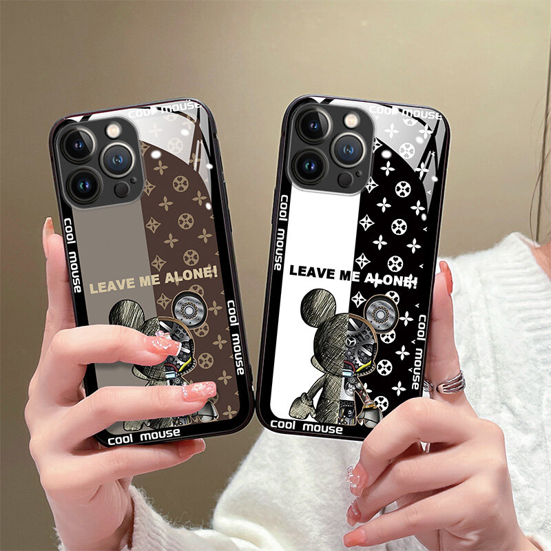 Cartoon mickey tempered glass phone case for iphone 13 pro max 12 11pro max xs x xr 7 8 plus plating square hard cover