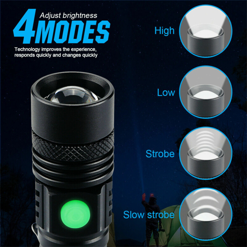 TH Led Tactical Flashlight 4 Modes Waterproof Zoomable Super Bright Usb Rechargeable Torch Hand Lantern
