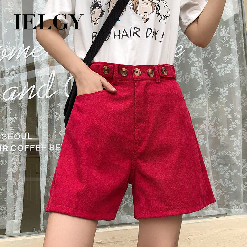 IELGY New high waist corduroy shorts women loose straight leg casual wide-leg pants