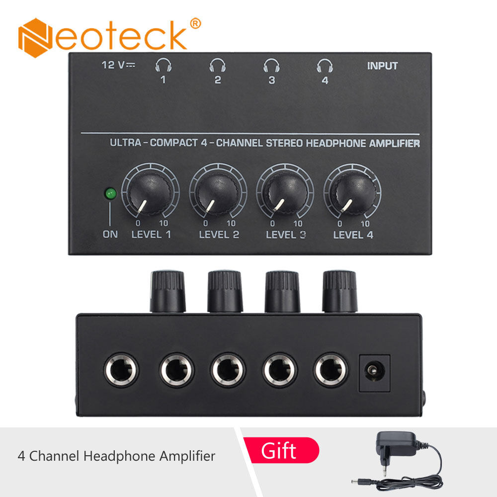 Neoteck 4 ช่องเครื่องขยายเสียงหูฟังแอมป์หูฟังสเตอริโอขนาดกะทัดรัดเป็นพิเศษพร้อม 5 ชิ้น 6.35 มม.ถึง 3.5 มม.อะแดปเตอร์แอมป์หูฟัง