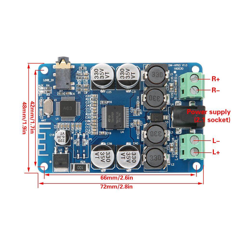 TDA7492P 2x25W Bluetooth V2.1 Audio Power Amplifier Board with AUX Interface HF63
