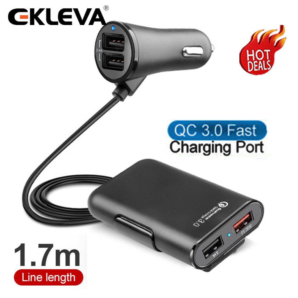 Ekleva 4 port usb car charger quick charge qc3.0 5.6ft extension cable for iphone 12 xiaomi mobile phone driving recorder fast charging
