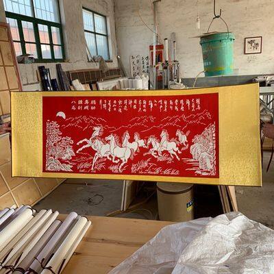Folk arts and crafts paper-cut is mounted on a scroll with vertical silk and satin. It is a good gift. It is a picture scroll of eight steeds