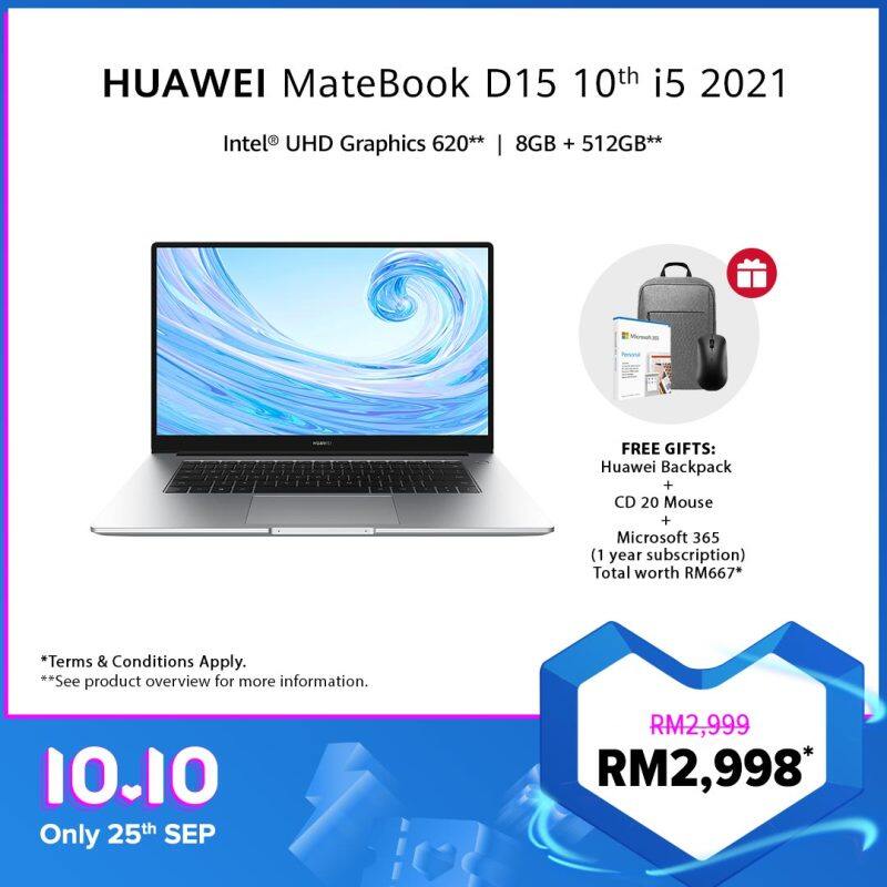 HUAWEI MateBook D15 10th i5 2021 Laptop | 8GB+512GB | FREE Backpack+ Mouse+ Microsoft 365, Free Shipping Malaysia