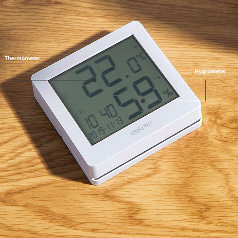 Máy Đo Độ Ẩm Nhiệt Độ Điện Tử Đèn Nền Deli Với Màn Hình LCD Kỹ Thuật Số Lớn Nhiệt Kế Đo Độ Ẩm Đồng Hồ Báo Thức Ngày Nhiệt Độ Trong Nhà Sử Dụng Kép Nhiệt Kế An Toàn Gia Dụng, Cảm Biến Độ Ẩm Dành Cho Khách Sạn Phòng Khách
