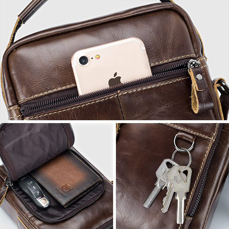 BULLCAPTAIN Leather Shoulder Messenger Bag Men's Classic Retro Multifunctional Double-Layer Storage Hanging Keychain Handbag