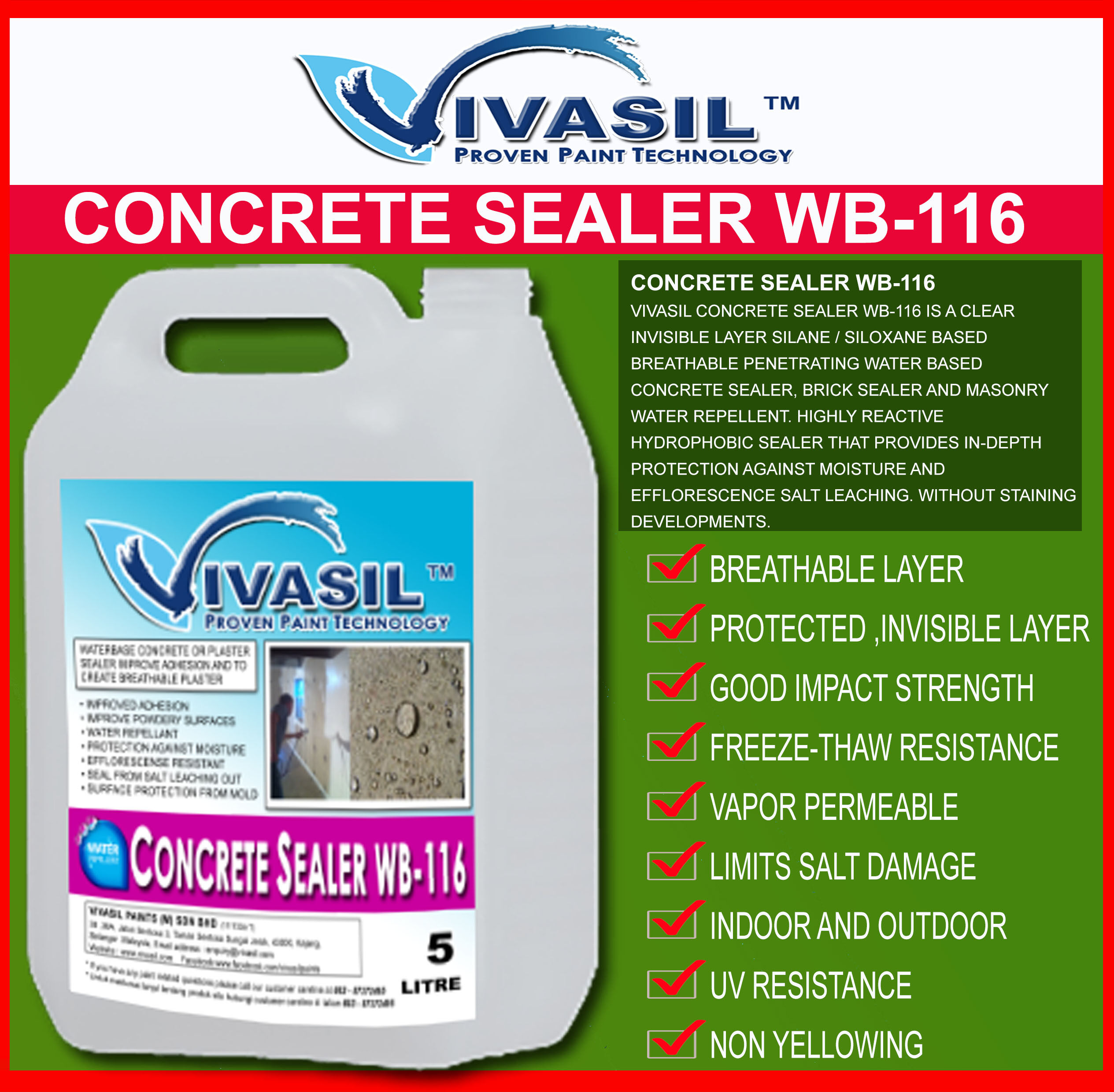 5 LITRE VIVASIL CONCRETE FLOOR SEALER WB116WATER REPELLANT LAYER FOR
