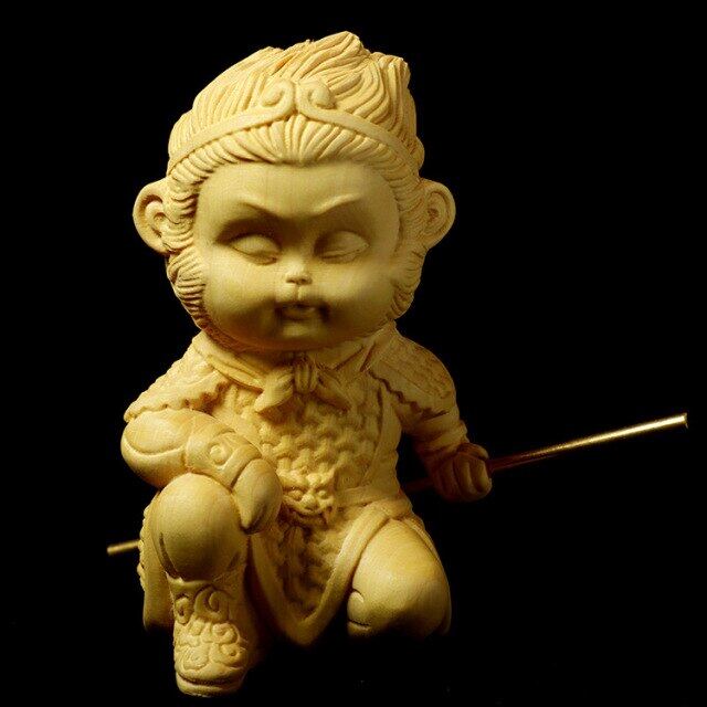 Wooden Fire Monkey King Statue Solid Wood Carving Sun Wukong Chinese