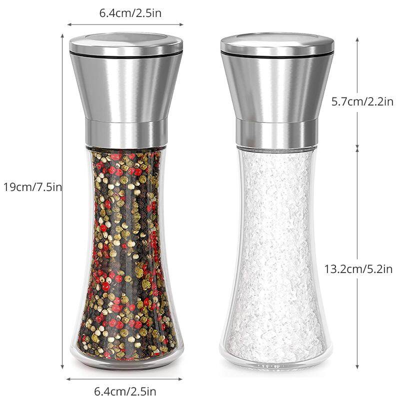 KONCO New Salt and Pepper Mill Shakers, Stainless Steel Manual Sea Salt Mills, Adjustable Ceramic Pepper Grinder with Glass Body