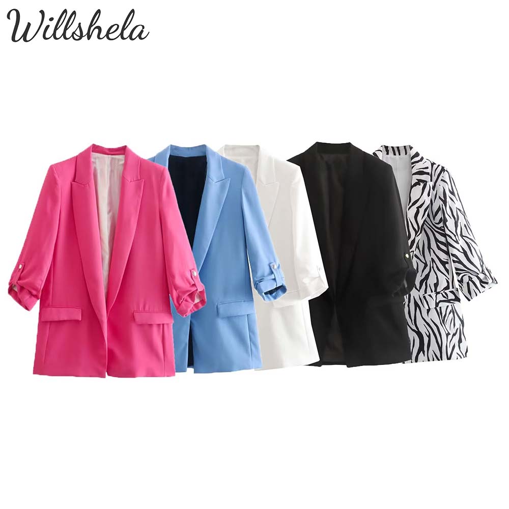 Willshela ผู้หญิงแฟชั่นสีทึบ Slim Fit Blazer Notch Collar แขนยาว ...