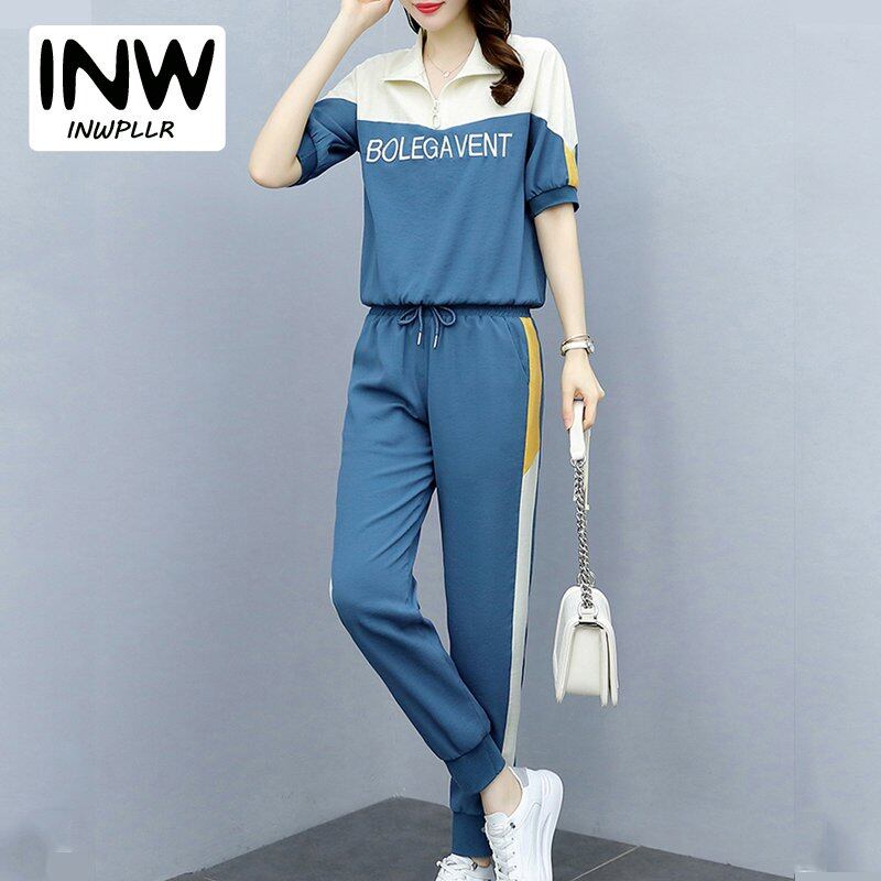 INWPLLR Korean Suit Sets Women New Arrival Letters Printing T-shirt Casual Fashion Drawstring Pants Summer Style All-match Patchwork Sets Lady (T-shirt+Pants)