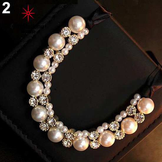 Gravitational wave Women Fashion Double Row Faux Pearl Adjustable Ribbon Chain Choker Necklace
