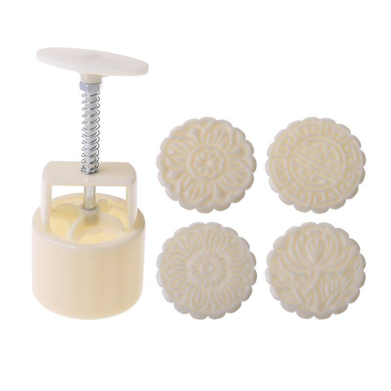 [Hot Sale] 100g Mooncake Mold 4 Flowers Stamps Round Barrel Hand Press Moon Cake Pastry Mould DIY Bakware