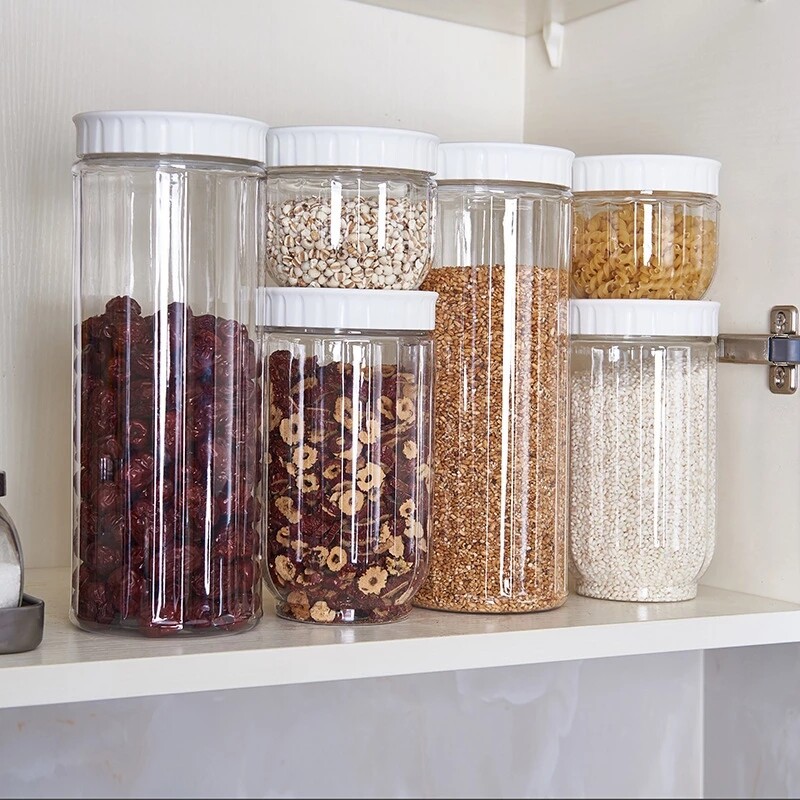 Kitchen Plastic White Food Storage Container With Lids Sealing Pot Cereal Rice Sealed Jar