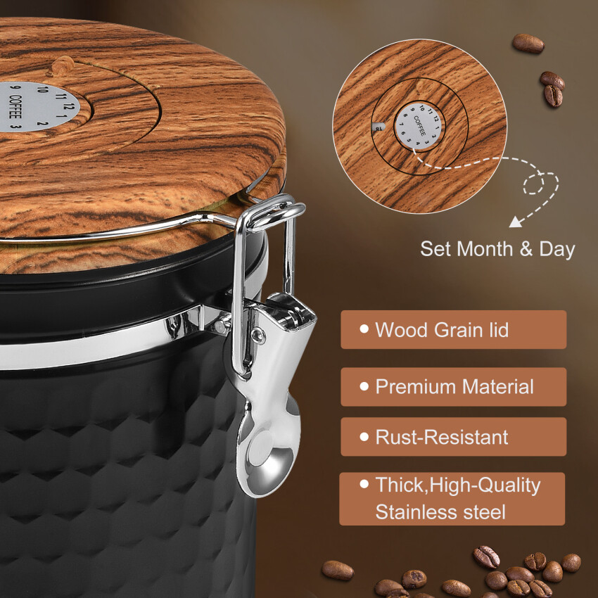 Airtight Coffee Canister With Vacuum Lid (Coffee Tea Container, Stainless Steel Storage Tin, Storage Jar Matte Black (1800ml))