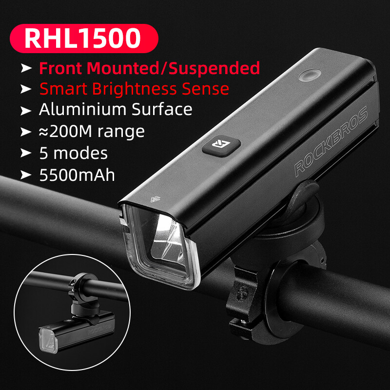 ROCKBROS 1500 Lumens Bike Headlight Waterproof Smart Sensing Aluminum Alloy MTB Front Light 5500 mAh Type-C Rechargeable Bicycle Flashlight Bike Accessories