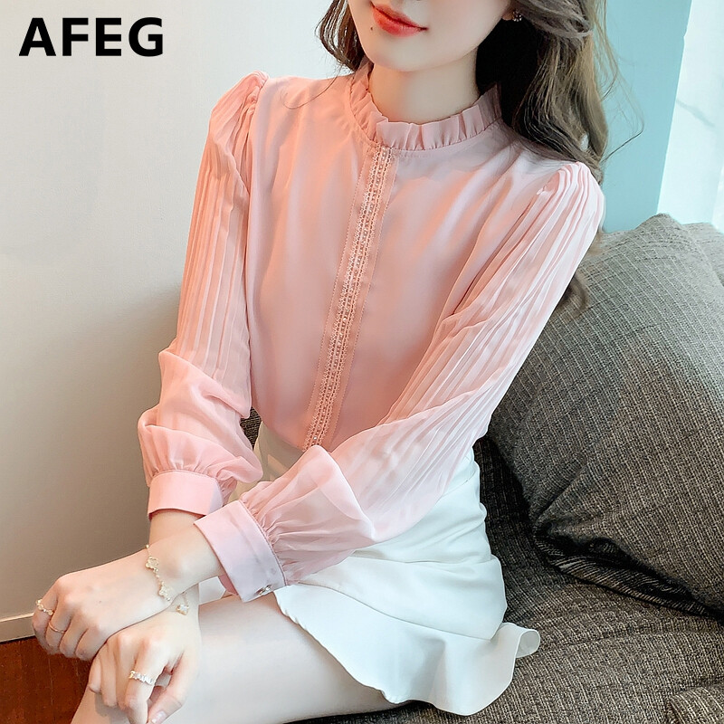 AFEG new Korean fashion loose and versatile temperament chiffon puff sleeve blouse for women