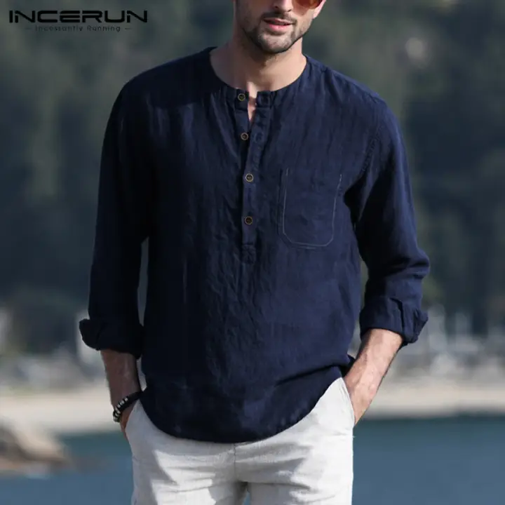 INCERUN Men/'s 100/%Cotton Henley T-shirt Top Long Sleeve Casual Smart Shirts Tee