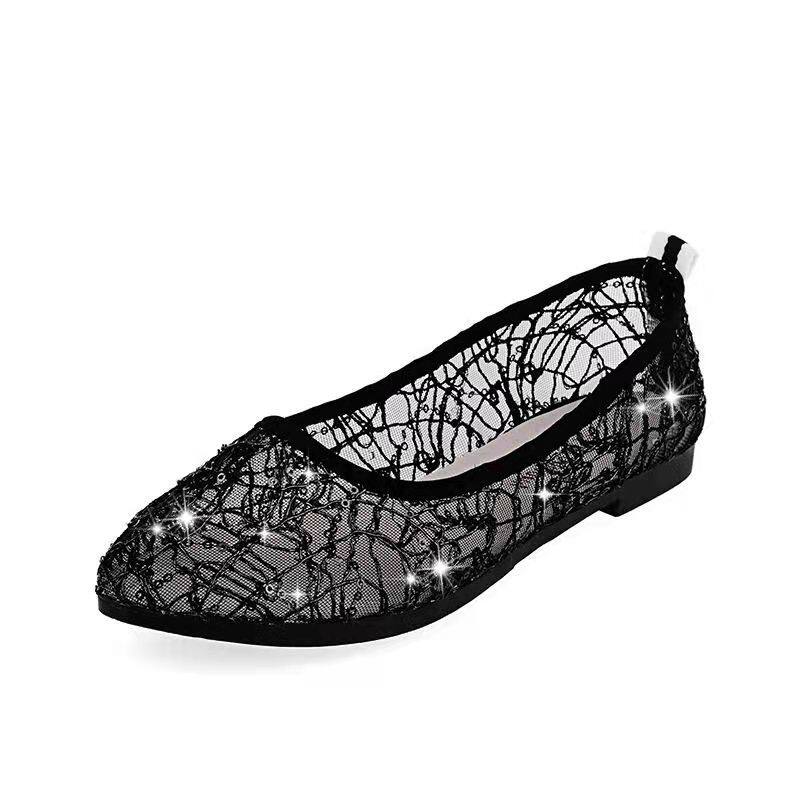 Mesh Shoes Women's 2022 Summer New Hollow Mesh Lace Pointed Toe Loafers Women's Flat Bottom Shallow Rhinestone Peas Shoes