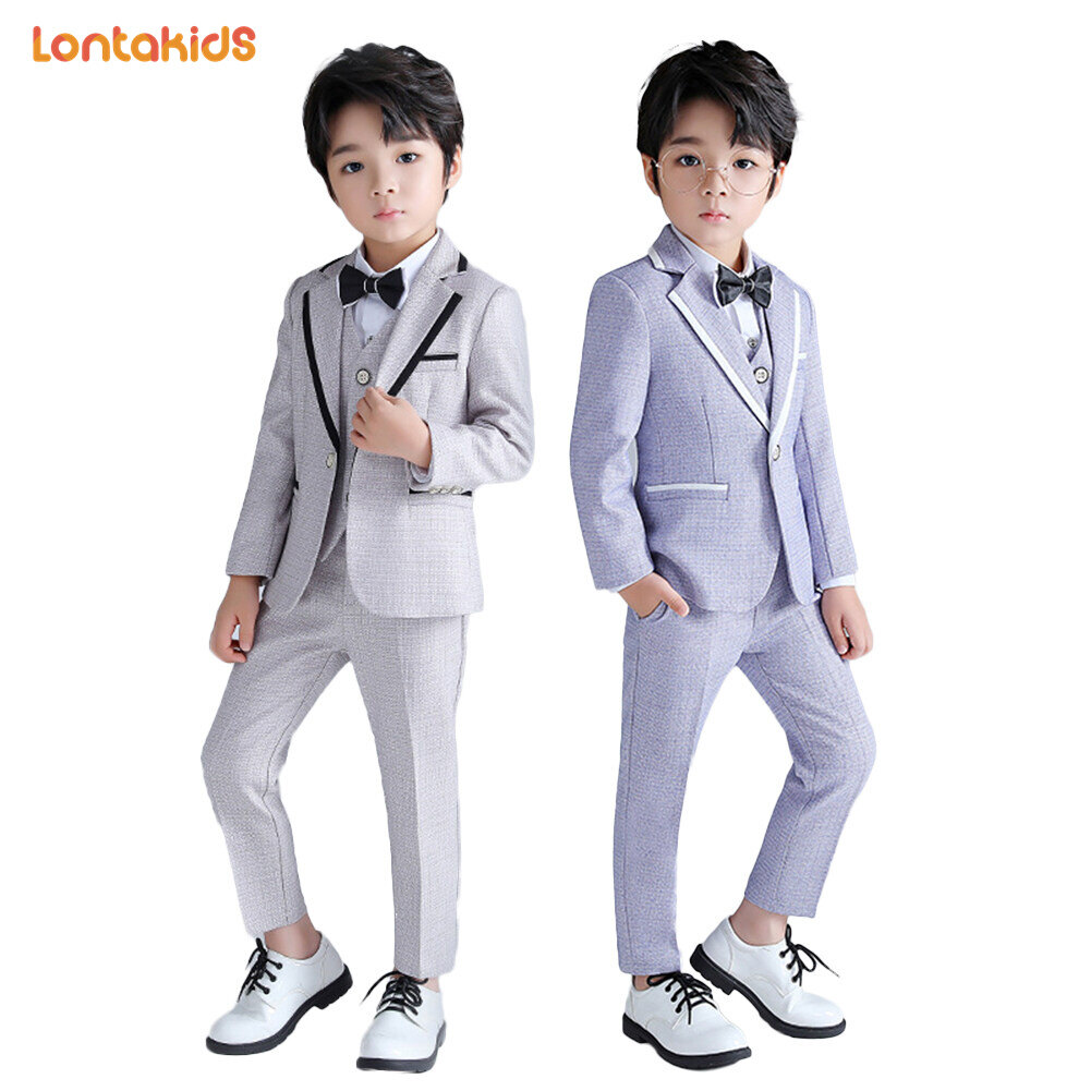 lontakids 5Pcs Kids Boys Suit (Jacket+Pants+Waistcoat+Shirt+Bow Tie) Toddler Blue Gray Formal Coat Suit Wedding Attire Birthday Party Gentleman Tuxedo Piano Stage Host Speech Clothing Set Dresswear For 2-14 Years