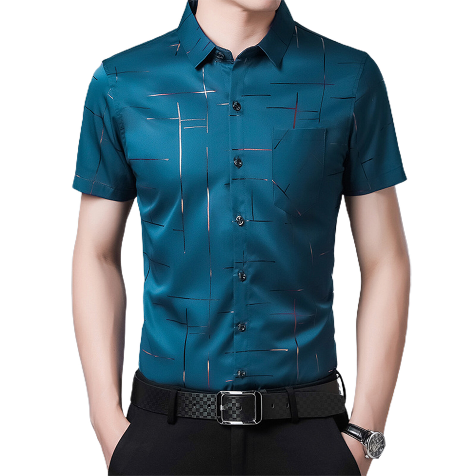 Freedun® Social Dress Shirt Hot Stamping Print Buttons Men Lapel Collar Top for Party
