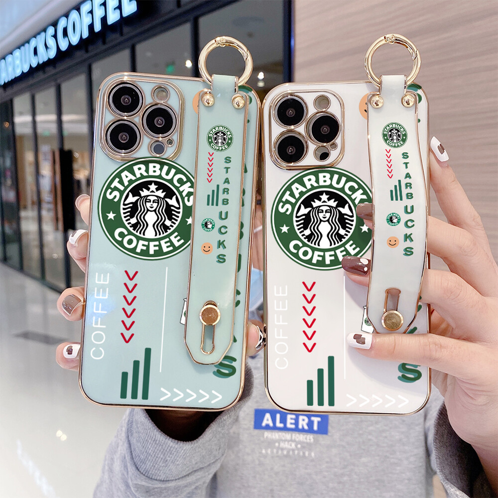 (With Wristband) Hontinga Casing Case For iphone 16 Pro Max Plus 5G 11 Pro Max 12 Mini 12 Pro Max 13 Mini 13 Pro Max Case Cartoon Cute Starbucks Luxury Chrome Plated Soft TPU Square Phone Case Full Cover Camera Protection Anti Gores Rubber Cases For Girls