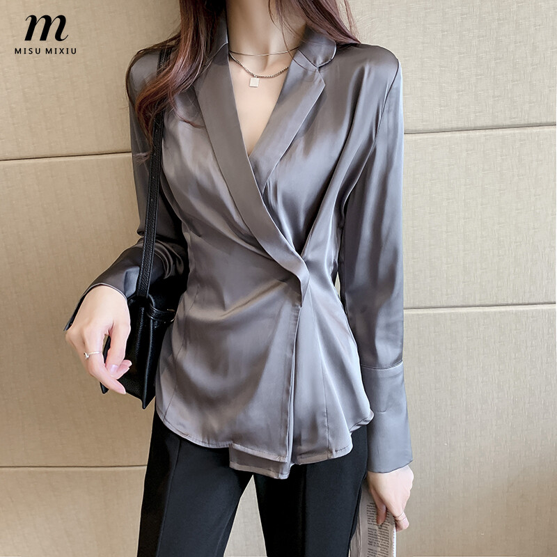 MISUMIXIU Elegant Fashion Suit Collar Satin Shirt for Women Autumn New Long Sleeve Blouset Korean Style Irregular Temperament Top Lady