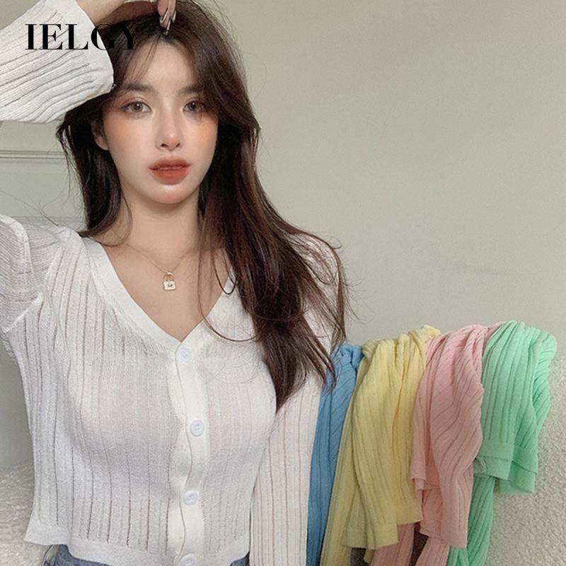 IELGY women's short loose knit cardigan top with long sleeves