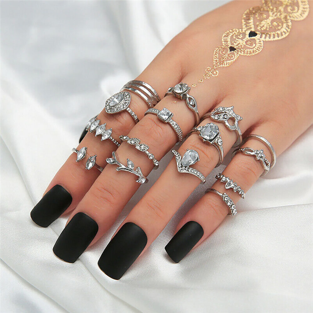 15Pcs Bohemian Ring Love Leaf Diamond New Joint Ring Set