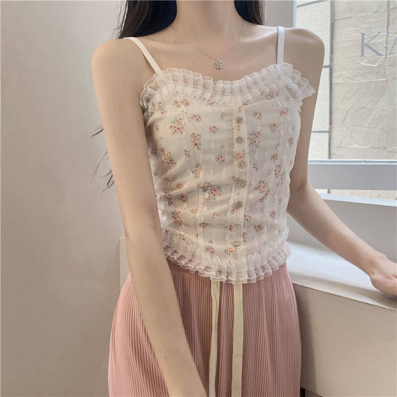 Women Lace Fragmented Flower Strapm Beautiful Back Vest Tanks