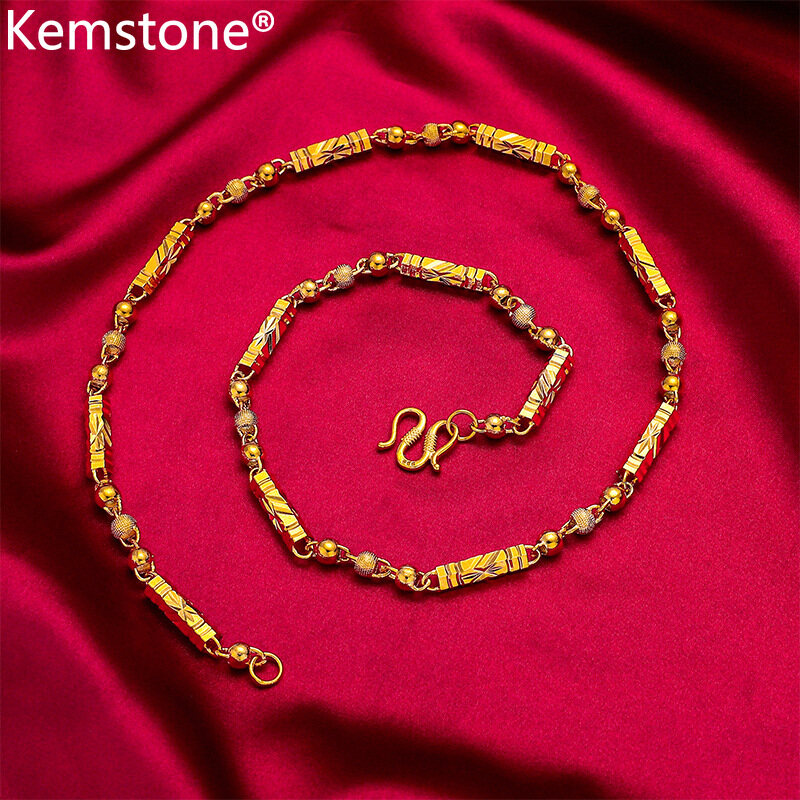 Kemstone Retro Gold Plated Beads Hexagon Solid Bamboo Chain 6MM 7MM 8MM Collar Necklace Men's Jewelry Gift