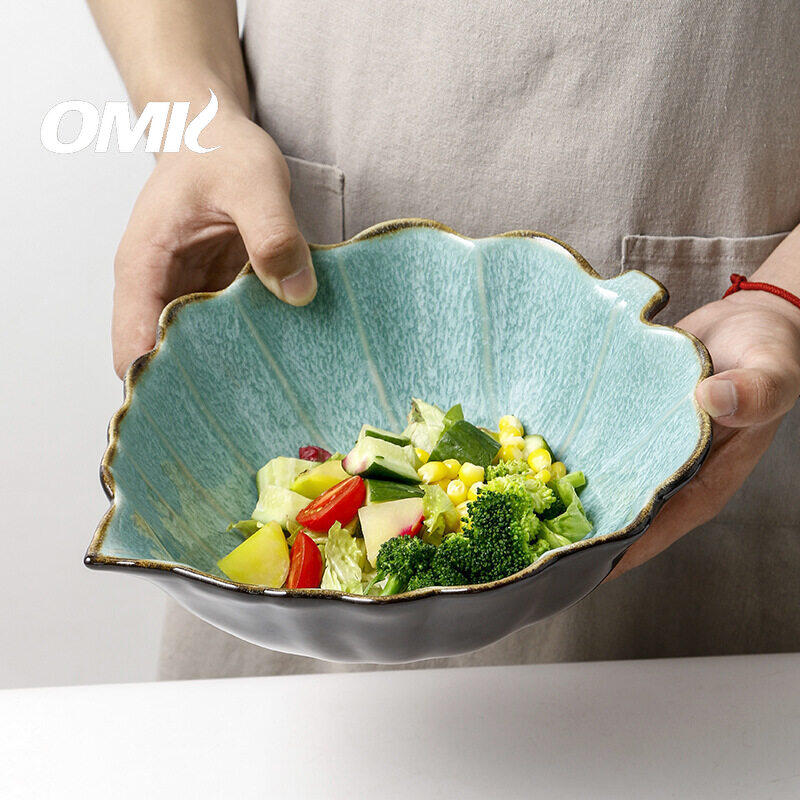 OMK Japanese Style Stoneware Leaf Shaped Salad Bowl Fruit Plate Ceramic Tableware Set