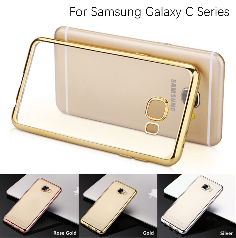 For Samsung Galaxy C9 C9pro C7 C7pro C5 Soft Flexible TPU Jelly Case Crystal Clear Back with Luxurious Metal Luster Edge Phone Cover