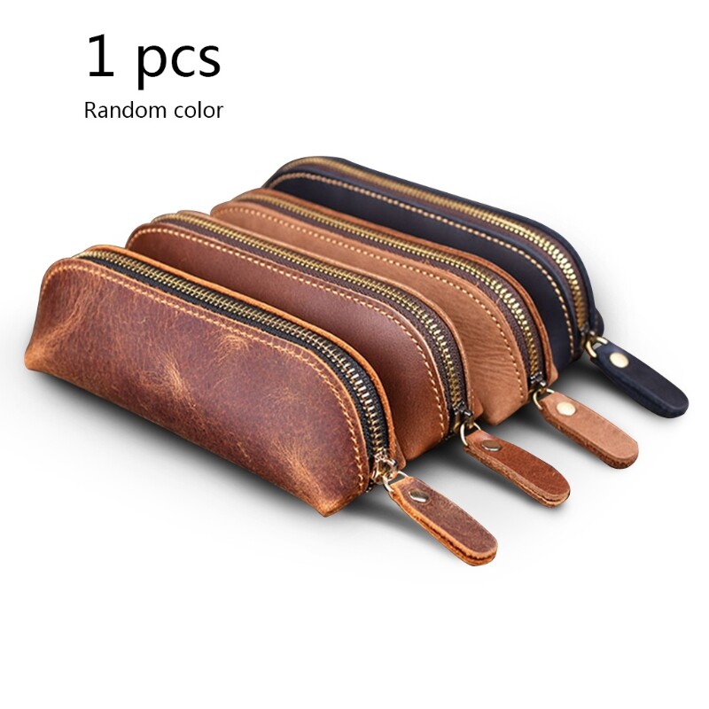 1 pc Handmade Genuine Leather Pencil Bag Vintage Retro Style Cowhide Zipper Pen Case School Bag Office Stationery（Random Color）