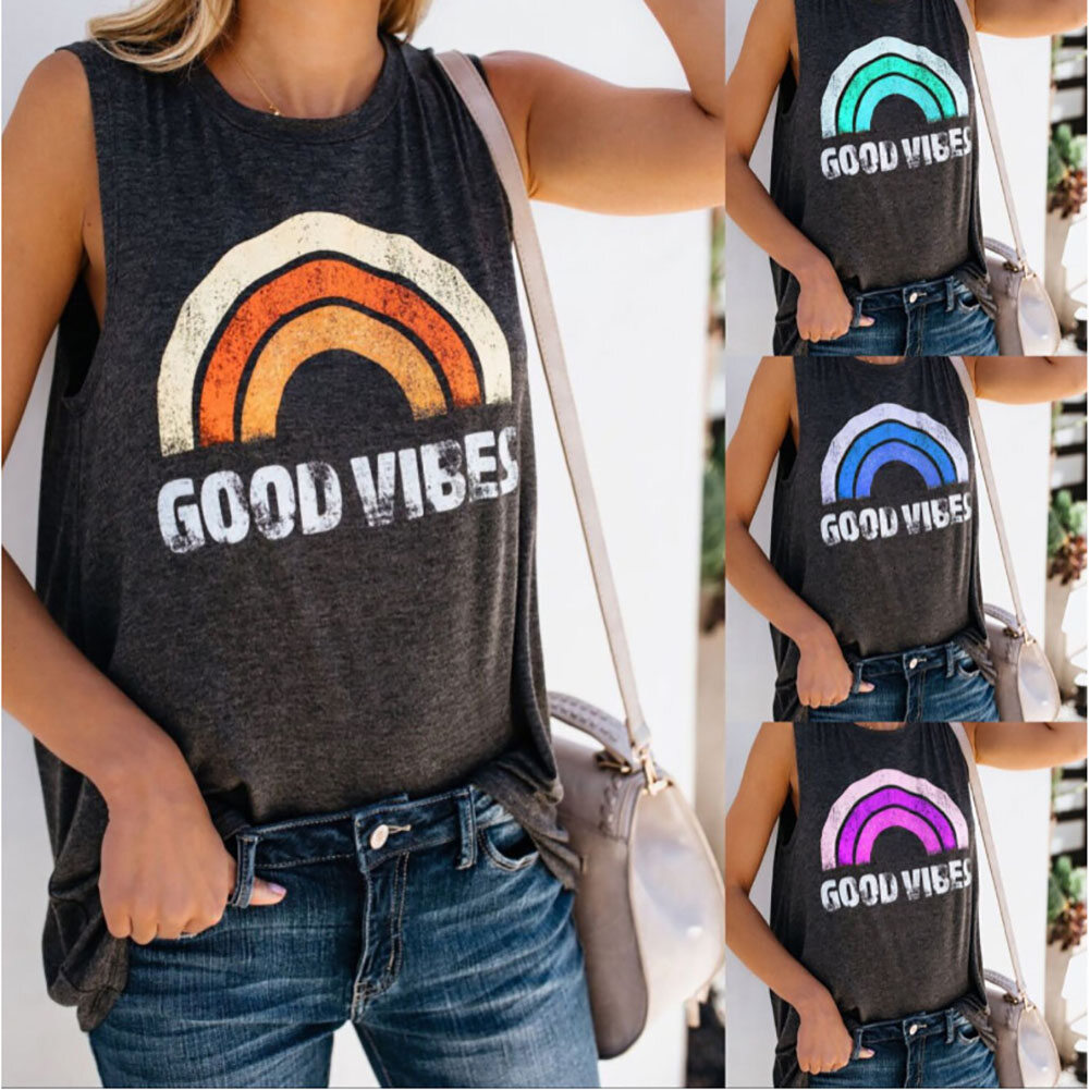 Women Summer Casual Good Vibes Letter Rainbow Print O-Neck Tank Top Loose Vest
