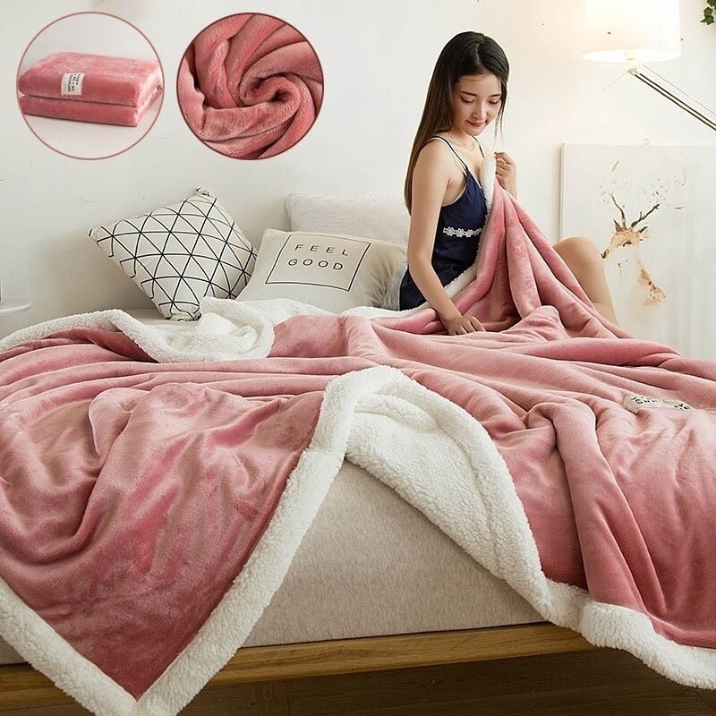 Chăn Vải Flanen Nhung Lông Cừu Hai Lớp Siêu Mềm Chăn Giường Đệm Cỡ Queen King