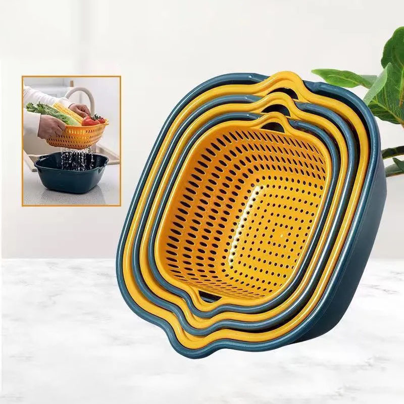 Houseeker Double-Layer Drain Basket Plastic Kitchen Household Fruit Vegetable Washing Drainer Box Washing Basin Storage Container