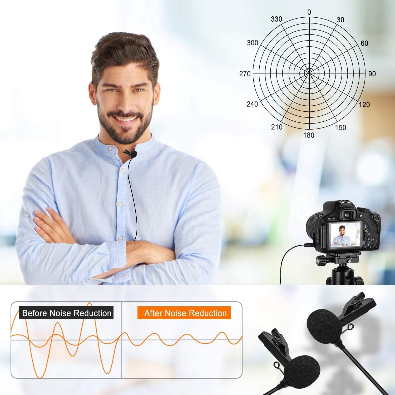 Comica CVM-D02B Dual-head Wired Lapel Microphone Lavalier Condenser Microphone Omnidirectional Double Lav Mic for Phone Camera Gopro(3.5mm TRS)