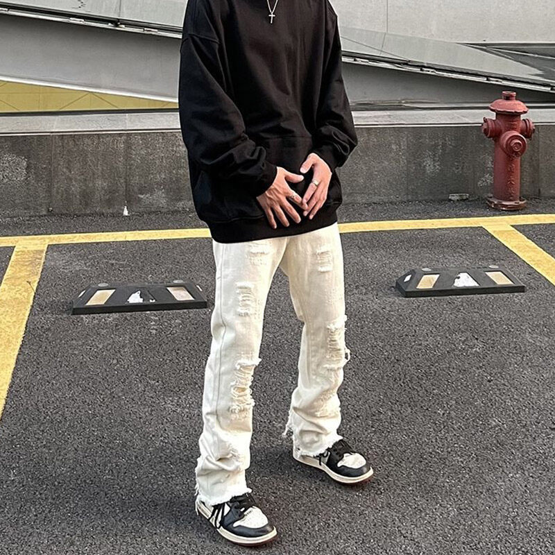 ST Đường Vắt Sổ Lỏng Nam Giả Quần Jean Rách Nam Hipster High Street Thẳng Hơi Loe Quần Dài Màu Đen