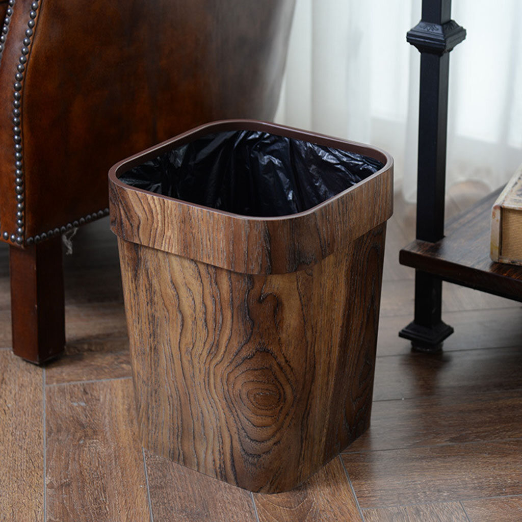 Loviver Mimetic Wood Grain Waste Bins Decorative Retro Style Garbage Container Bin Wastebasket Waste Dustbin for Kitchen Bathroom Home Bedroom