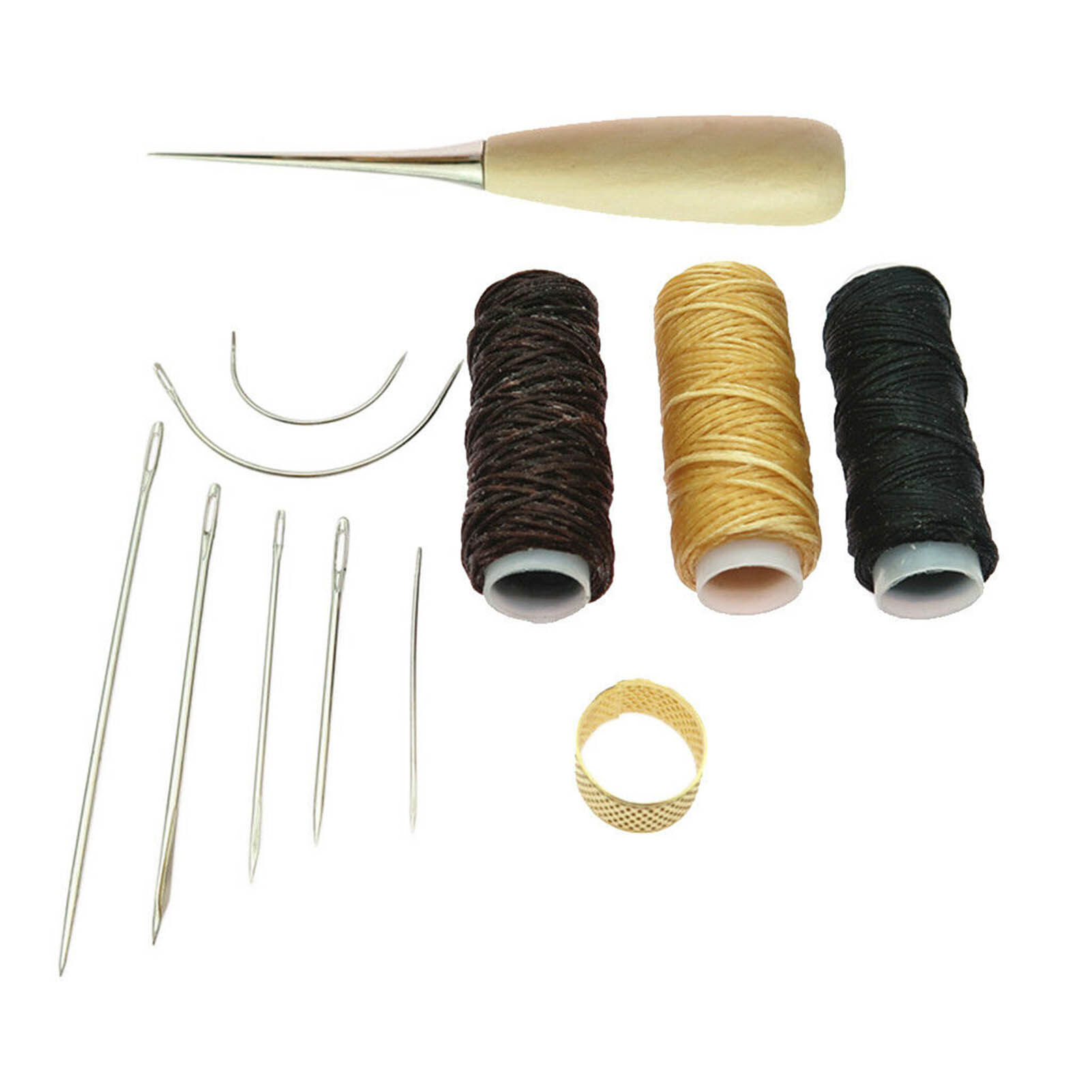 12Pcs Leather Craft Tools Kit Sewing Needles Waxed Thread Cord Stitching Awl Sewing Thimble DIY Leather Repair