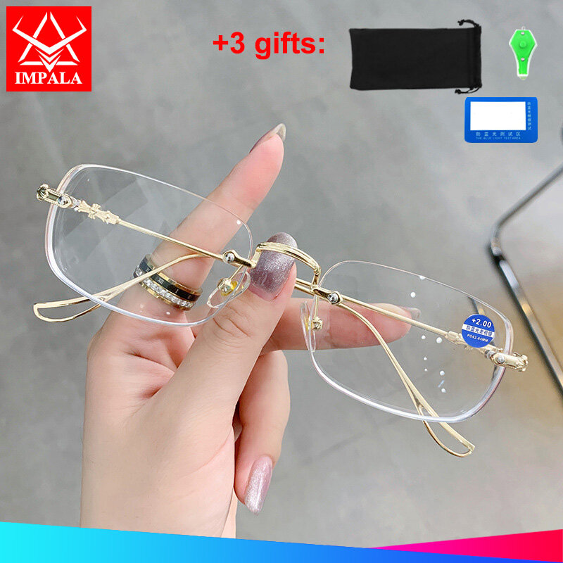 IMPALA LH5018W Fashion Women Reading Glasses UV400 Anti Blue Light Far-sighted Eyeglasses for Men Rimless Presbyopia Glasses