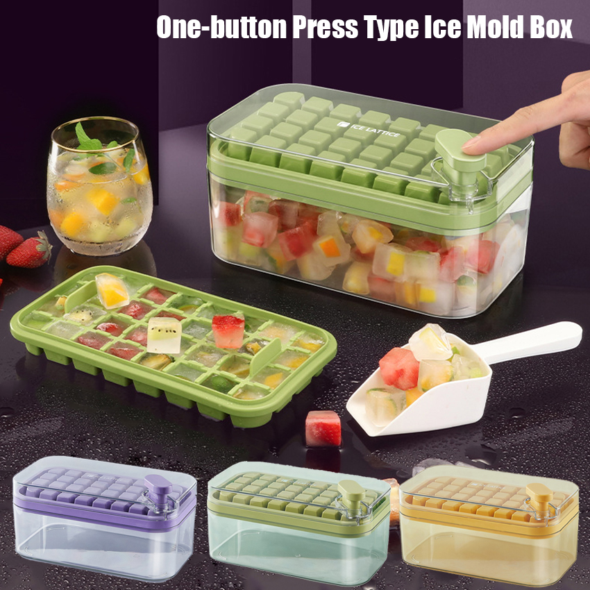1Pc One-button Press Type Ice Mold Box Plastics Ice Cube Maker Ice Tray Mold With Storage Box With Lid Bar Kitchen Accessories