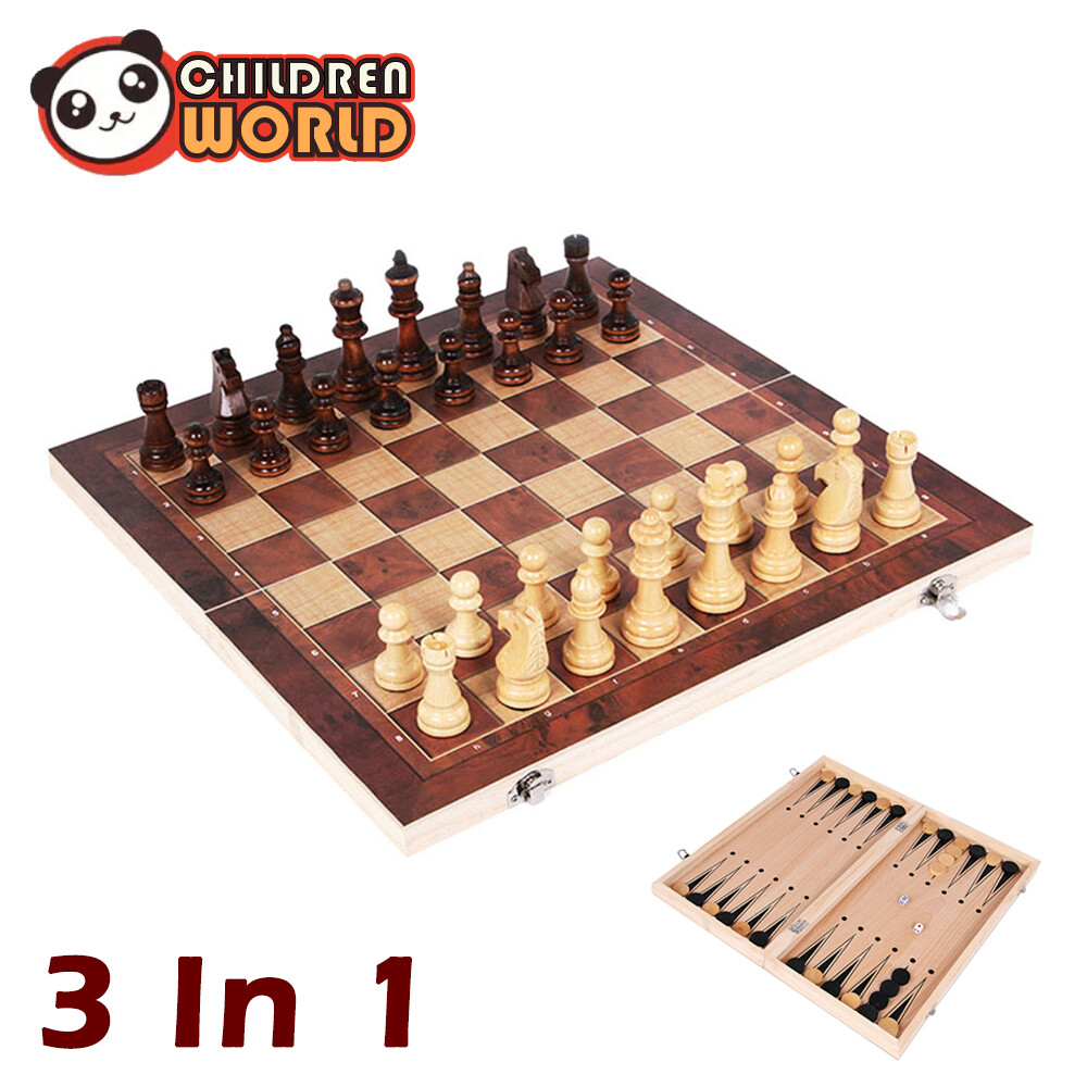 Childrenworld 3 in 1 Chess Toy Folding Wooden Chess Checkers Backgammon Kids Board Game Puzzle Family Toy