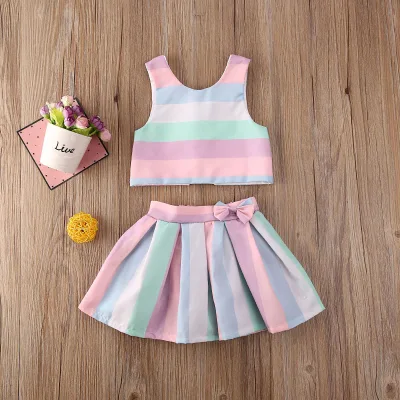 Dropshipping 2pcs Summer Toddler Baby Girls Outfits Sleeveless Vest Colorful Striped Tops + Skirts Clothes Set